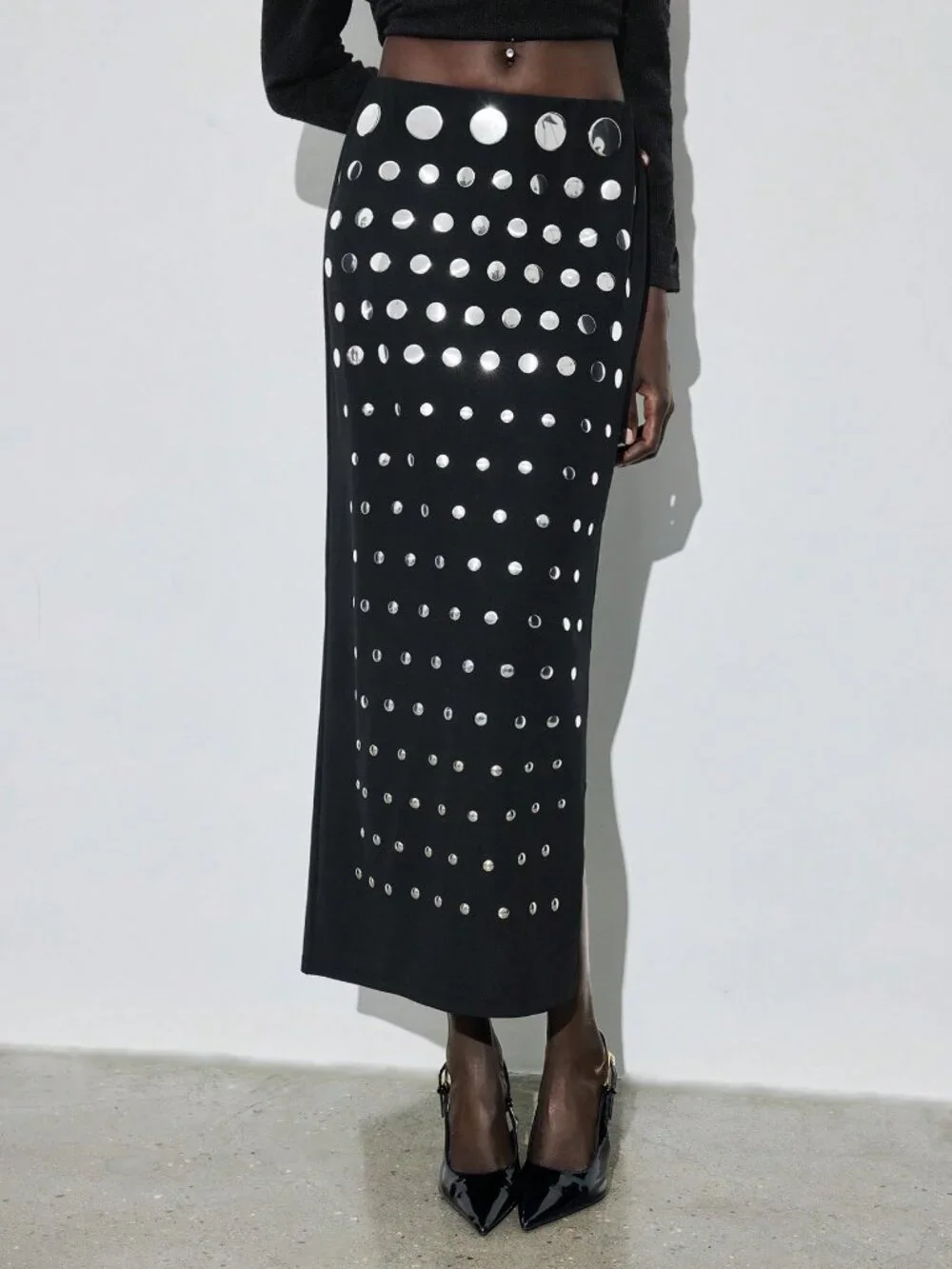 Black Elegant Studded Women's Straight Skirt